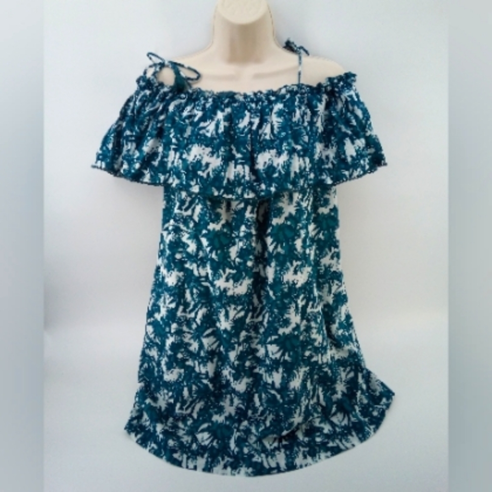 Suncoo Robe Celie Palm Leaf Off the Shoulder Tassle Ruffle 100% Cotton Dress T0